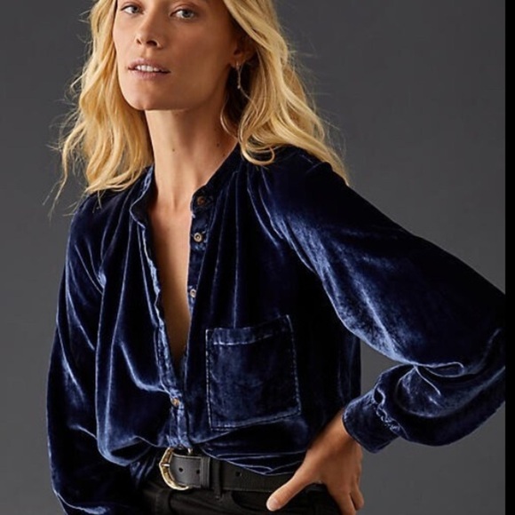 Anthropologie Tops - Anthropologie Pilcro Blue Velvet Button down long sleeve size S